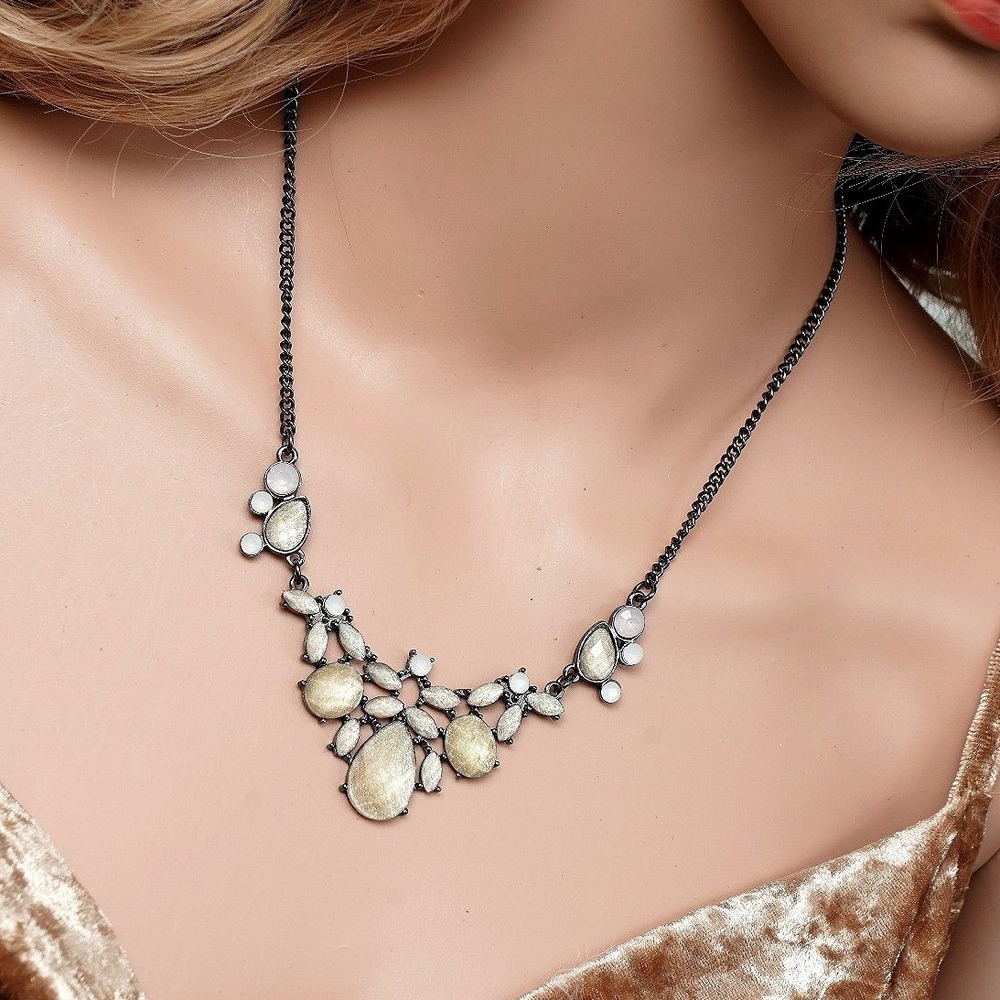 Gunmetal Champagne Faux Stone Bib Statement Necklace Adjustable Curb Chain‎